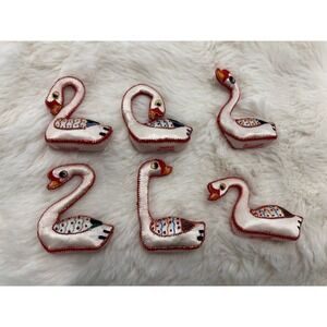 Vtg Chinese Satin Silk Embroidered Bird Swan Duck Ornaments Set Of 6 Christmas